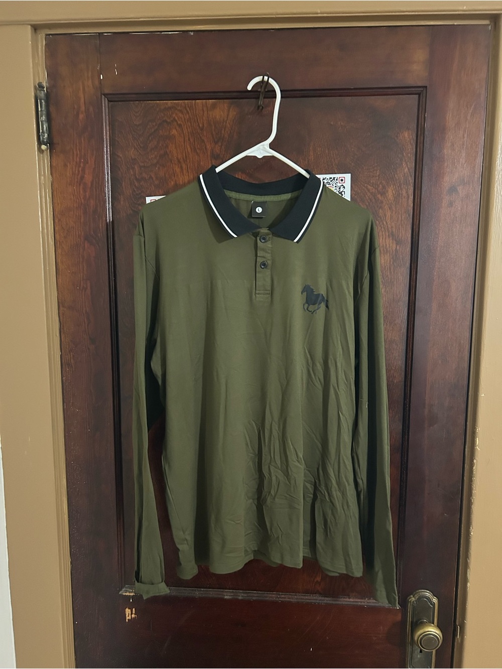Men's Olive Green Long-Sleeve Polo Shirt with Contrast Collar